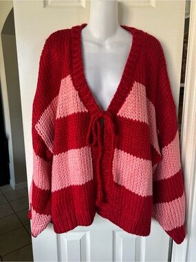 NWT Baevely Red & Pink Striped Tie-Front Chunky Knit Sweater